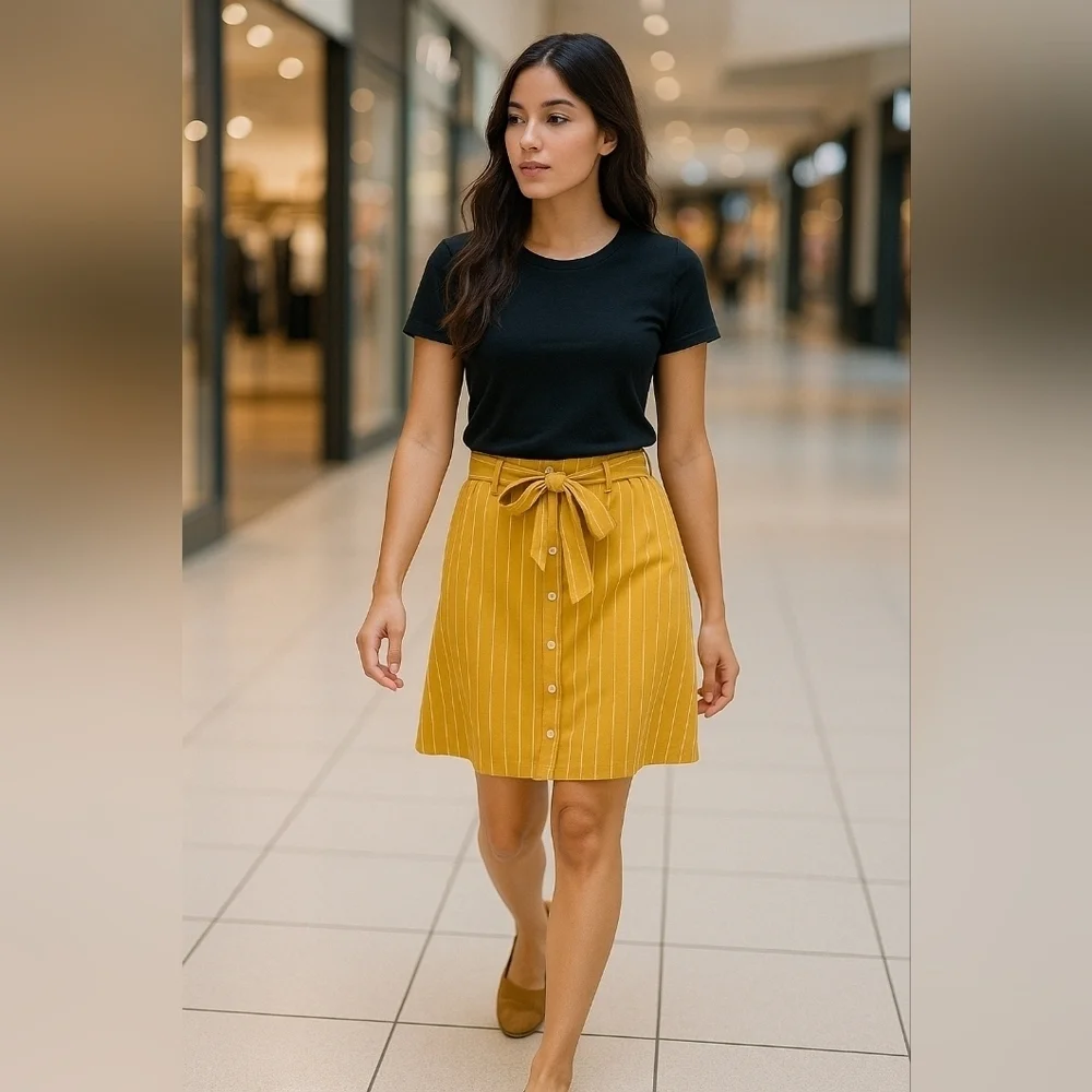 Charlotte Russe Mustard Yellow Striped Button Up Waist Strap Mini Skirt New